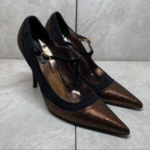 Claudia Ciuti suede + bronze crackle T strap pumps